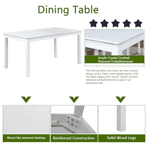 Image of KEIKI 6-Piece Standard Height Dining Table Set with Rectangular Table, 4 Upholstered Chair, Bench, for 6 Person, Modern Crystal Decoration Table Set, Easy Assembly, for Kitchen, Dining Room, White