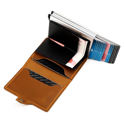 Genuine Leather Wallet for Men Crazy Horse Leather Automatic Card Ejection Double Aluminum Box Design (Brown)3