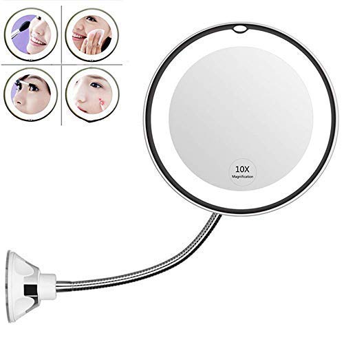 MuZhuo Espejo de Maquillaje Flexible con Cuello de Cisne, Espejo de Aumento de 10x con luz, Espejo de baño Compacto con Ventosa, Giro de 360 Grados, Montaje en Pared