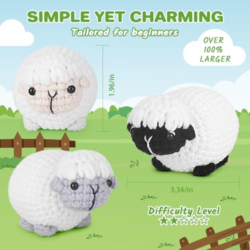 Image of Crochet Kit for Beginners, Crochet Starter Kit with Step-by-Step Video Tutorials, Amigurumi Crochet DIY Knitting Supplies for Teenagers Adults, 3-Pack Little Lambs (40%+ Yarn)