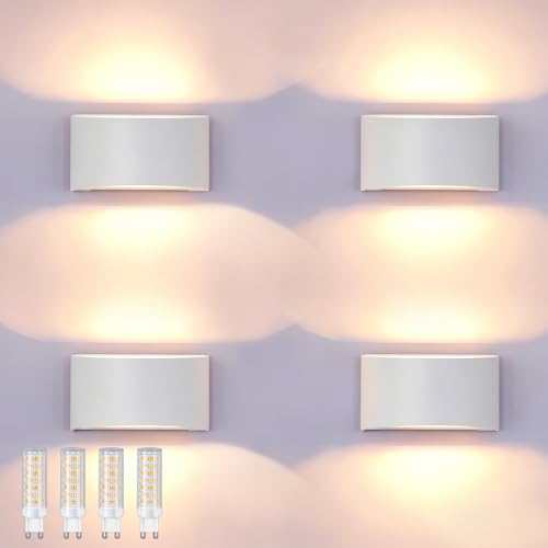 Image of KICAAO Modern LED Wall Sconce,Warm White 3000K,Hardwired Indoor Wall Lights Set of 2 Up and Down Wall Mount Light for Living Room Bedroom Hallway Corridor Conservatory(with G9 Bulbs) (White-4PCS)