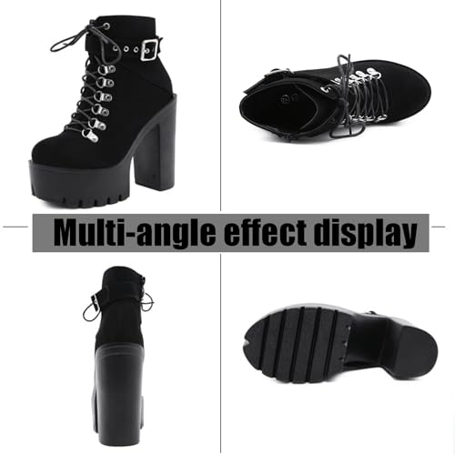 Women's Chunky Heel Platform Goth Dress Ankle Boots Classic Round Toe Lace Up Side Zipper High Block Heel Combat Bootie2