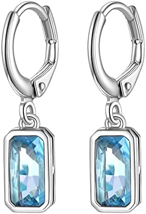 Suplight 925 Sterling Silver Emerald Cut Birthstone Hoop Dangle Earrings, Cubic Zirconia Crystal Drop Earrings for Women Girls (with Gift Box)