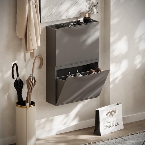Image of Amazon Basics Stackable Wall Mount Storage Organizer - 2 Tier, Polypropylene Storage for Shoes, Toys, Books, Closet & Entryway, Multi-Purpose (51L x 15.5W x 77H cm), Grey
