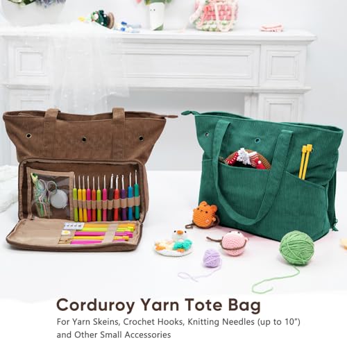 Image of Large Yarn Tote Organizer - Corduroy Knitting Storage Holder for Yarn, Hooks & Accessories, Portable Craft Carryall for Crocheting Lovers, Mother's Day Gift