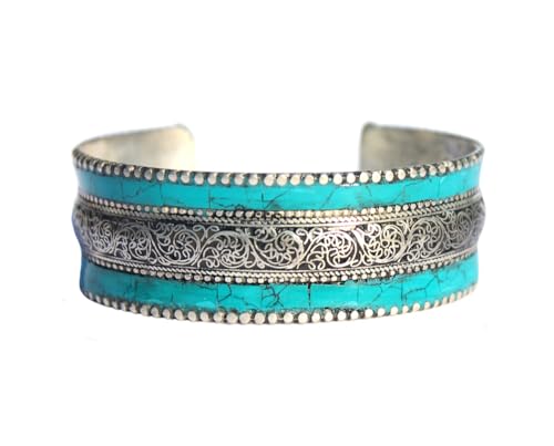 Ornate Mosaic Stabilized Turquoise Cuff Bracelet - Slightly Adjustable