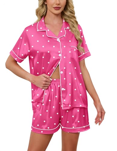 Image of Schbbbta Women Pajamas Set, 2 Pieces Satin Silk Button Down Pjs Short Sleeve Outfits Loungewear