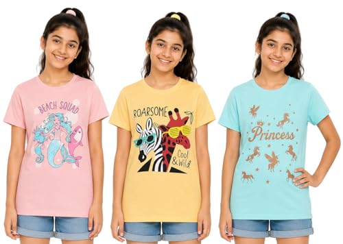 Image of Clotth Theory Girls Super Combed Cotton Regular Fit Round Neck Printed Short Sleeve Tshirt -Combo Pack of 3