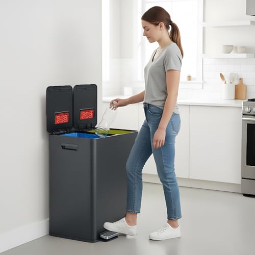 Image of iTouchless 16 Gallon / 60L Dual Kitchen Trash Can & Recycle Bin, 2x8 Gal Removable Buckets, Soft-Close Stainless Steel Step Pedal, Fingerprint-Resistant, AbsorbX Odor Filter - Gunmetal Gray