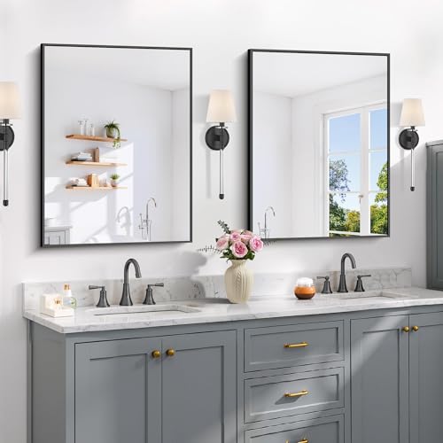 Image of COFENY Black Bathroom Mirror for Wall, 24x32 Inch Rectangle Mirror with Metal Frame, Modern Vanity Mirrors for Bathroom Living Room, Entryway Hangs Horizontal or Vertical