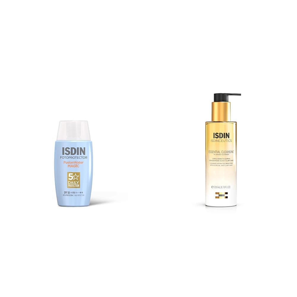 ISDIN Routine Essentielle | Coffret Nettoyant 200 ml (Essential Cleansing) + Crème Solaire Visage 50 ml (Fusion Water MAGIC) | Routine de Jour | Usage Quotidien