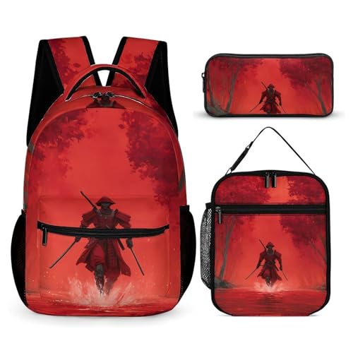 Samurai Japanese Printed Backpack with Lunch Box Bag Pencil Case Pouch 3pcs Daypack Set for Women Men