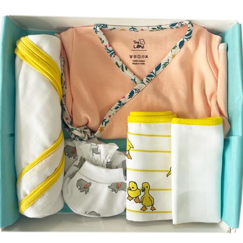 Image of TinyLane - Curated for you! All in One Bamboo : Cotton Newborn Baby Gift Set, Pack of 9 Pieces, Unisex Baby Essentials Gift Set, Multi Color, Skin Friendly, Breathable (Peach)