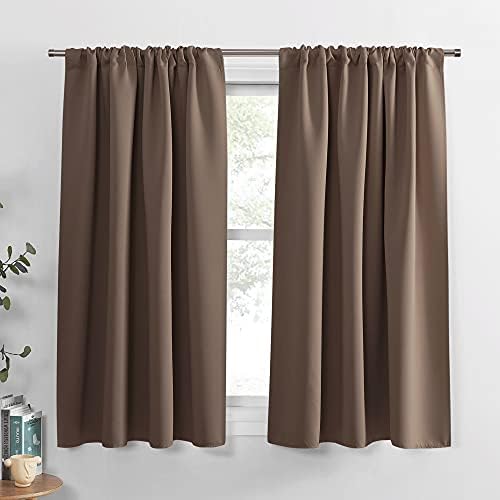 PONY DANCE Rod Pocket Blackout Curtains - Kitchen Curtains Short Thermal Insulated Window Treatments Panels Light Block for Bathroom, Wide 42 by Long 45 inches, Mocha, 2 Pieces