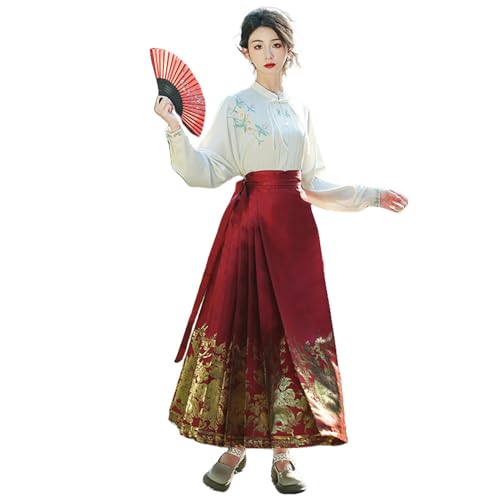 Jupe Hanfu style chinois Ming brodé rouge et or pour femme au printemps