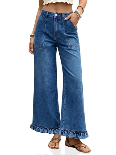 Cicy Bell Womens Ruffle Wide Leg Jeans Cropped High Waisted