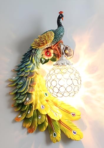 Image of Modern Peacock Wall Sconce | Resin Decorative Wall Lamp with Crystal Accents | European Retro Style Wall Light for Home Decor | Multicolour | Bulb Not Included