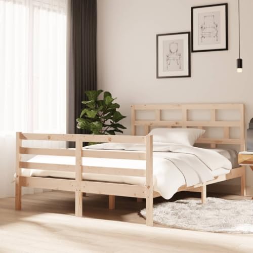 Mokuyary Cama de madera maciza de 135 x 190 cm, cama con somier, plataforma de somier, marco de cama sin colchón, fácil montaje para dormitorio, habitación de invitados, tamaño A5