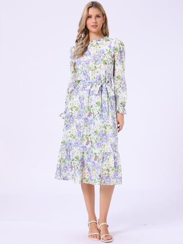 Image of Allegra K Fall Casual Floral Dress for Women 2025 Long Sleeve Crew Neck Chiffon Midi Tea Party Ruffle Dresses