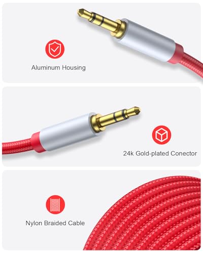 Image of Aux Cord 30ft - 3.5mm Audio Cable - Nylon Braided 3.5mm Male to Male AUX Cable Cord for Car, Headphones, Home Stereos, Speaker -Red