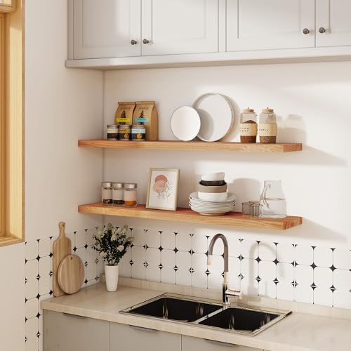 Image of Vivelove Elm Wood Floating Shelf 48x8 inch Set of 1, Natural