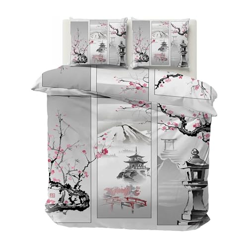 Boceoey Housse de Couette 220x240 Japonais Parure de Lit Adulte Réversible avec Fermeture Éclair, Housse de Couette 2 Personnes Imprimée Mont Fuji Fleur de Cerisier...