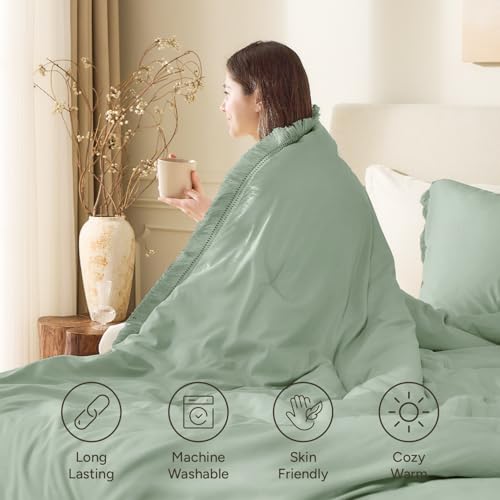 Image of Andency Twin Comforter Set Sage Green, 2 Pieces Kids Comforter Sets for Boys Girls Teens, Boho Tassel Lightweight Winter Fluffy Bed Set (66x90In Comforter & 1 Pillowcase)
