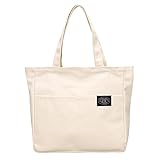 [FineGood] A4 大容量 キャンバス トートバック ファスナー付き ポケット多い 丈夫 肩掛け 帆布 ショルダーバッグ レディース メンズ 無地 大きめ おしゃれ 買い物 通勤 通学 旅行用 男女兼用 米白