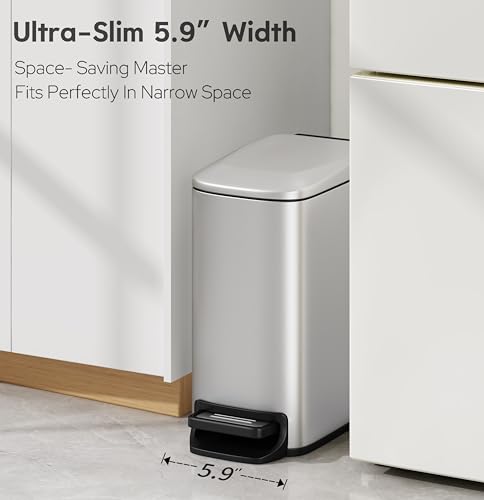 Image of TIPGO Small Bathroom Trash Can with Lid, 1.6 Gal, Soft Close, Silver