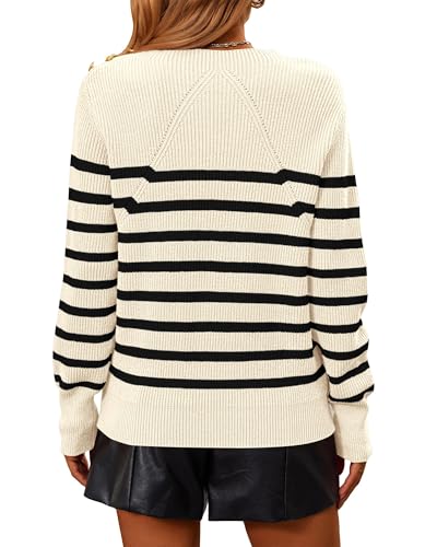 KIRUNDO Women's Striped Sweaters 2024 Fall Winter Outfits Crewneck Ribbed Knit Pullover Trendy Tops with Metal Buttons2