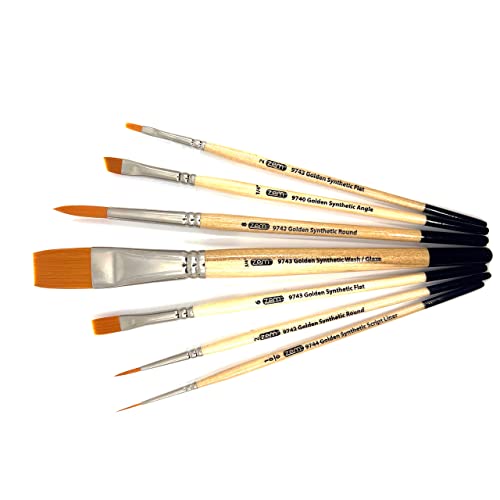 Zem Brush Golden Synthetic Brush Set 7 Pcs Brushes Wash 3/4", Flats 2 & 6, Angle 1/4", Rounds 2 & 8, Liner 10/0 #TOP3