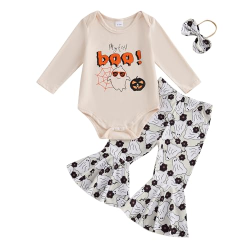 Infant Baby Girls Halloween Outfits Letter Ghost Pumpkin Print Long Sleeve Romper Flare Pants Bow Headband Set