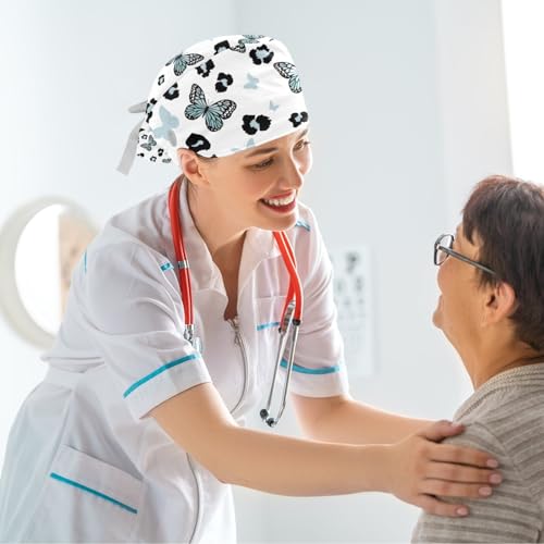 Image of Butterfly Leopard Scrub Cap, Adjustable Working Cap with Button, Bouffant Caps with Bow Hair Scrunchy
