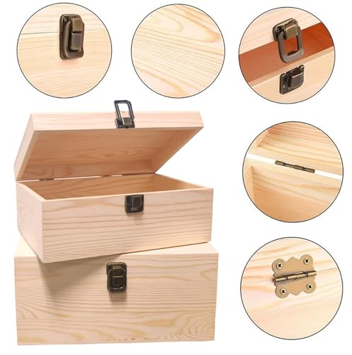 Image of 2 Pack Wooden Box with Hinged Lid & Compartments - Natural Craft Storage Organizer for Jewelry, Art Supplies, DIY Projects | Handmade Gift Box for Home