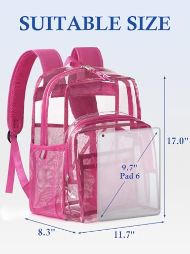 Image of Clear Backpack for School, 17 inch Large Heavy Duty-TPU See Through Bookbag for Boys Girls and Adult, Transparent Backpack With Multi-Pockets for College Work Gym Sport, Rose Red