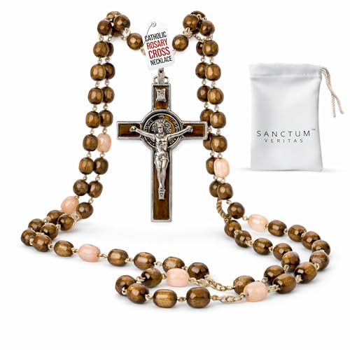 SANCTUM VERITAS Catholic Rosary Necklace | Large Bead Italian Rosary, Christian Prayer Beads for Car Mirror Decor, First Communion Religious Gift for Men and Women, Catholic Keepsake (Walnut Wood)