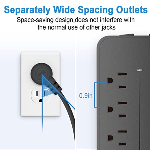 Extensión eléctrica Romatico Black-08 con protector de sobretensión, 12 tomas y 4 puertos USB, cable trenzado de 1.22 m con enchufe plano miniatura 7