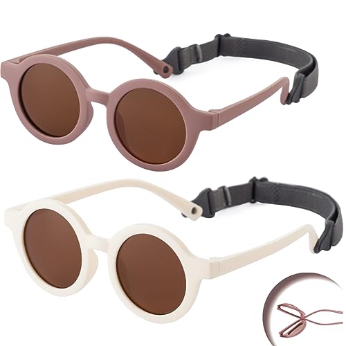 2 Pieces Flexible Round Polarized Baby Sunglasses with Adjustable Strap for Infant Newborn Boys Girls Age 0-24 Months