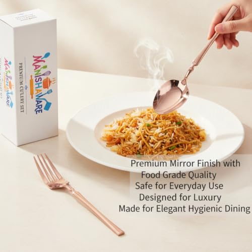 Image of Classic Rose Gold 4 Pcs Stainless Steel Cutlery Set for Dining Table, Dishwasher Safe Glossy Flatware (Perfect Spoon Fork Set)