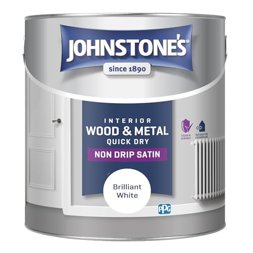 Johnstones - Wood & Metal Paint - Satin Finish - Brilliant White - 2.5L - Water Based - Non Drip & Quick Drying - Radiator Paint - Low Odour - Dry in 1-2 Hours - 8m2 Coverage per Litre