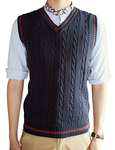 TopTie Men's V-Neck Cotton Twist Knit Sweater Vest Green and Red Trim4