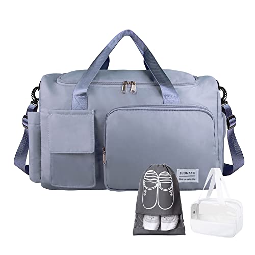 Ebbniur Travel Duffel Bag, Large Weekender Overnight Bag with Shoes Compartment, Personal Tote Bag for Women or Men, Waterproof Carry-on Bag with Clear Cosmetic Bag, Shoe Bag, 3Pcs Set (Blue)