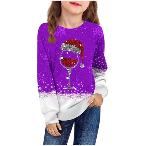 Girl's Crewneck Sweatshirts Christmas Cute Sweater Funny Plus Size Long Sleeve Xmas Red Wine Glass Shirts Pullover