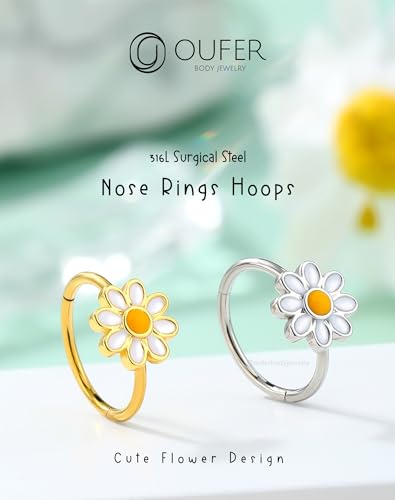 OUFER Nose Rings Hoops, 316L Surgical Steel Hinged Segment Nose Rings 20G, Silver Gold Nose Rings with Cute Daisy Design, Nose Nostril Piercing Jewelry for Women and Men2