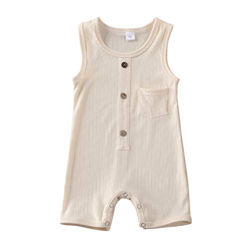 Toddler Baby Girl Boy Plain Romper Bodysuit Ribbed One-Piece Overall Solid Color Outfit Sleeveless Jumpsuit Clothes (A-Beige, 12-18 Months)