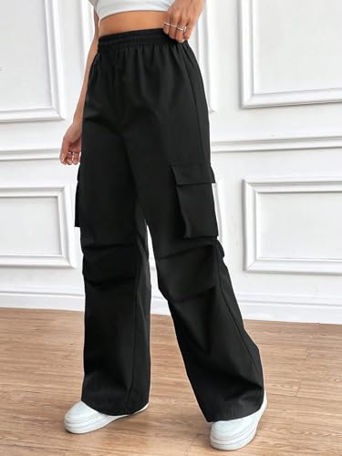 Image of GRECIILOOKS High Waist Cotton Trousers for Women - Flared Parachute Pants with Side Pockets | Casual Travel Cargo Pants