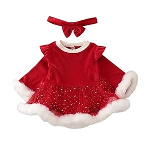 Vestido Navidad Bebe Niña Franela Disfraz Mama Noel Disfraces Navidad Papa Noel Manga Larga Recién Nacida Rojo con Volantes Ropa Traje Navideño Vestidos de Malla Lentejuelas Estrella, Diadema