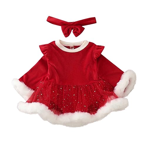 Vestido Navidad Bebe Niña Franela Disfraz Mama Noel Disfraces Navidad Papa Noel Manga Larga Recién Nacida Rojo con Volantes Ropa Traje Navideño Vestidos de Malla Lentejuelas Estrella, Diadema