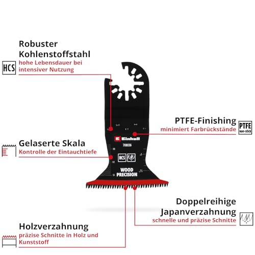 Original Einhell Tauchsägeblatt aus Kohlenstoffstahl für Holzbearbeitung (65 mm Breite, 42 mm Eintauchtiefe, PTFE-Coating, Japanverzahnung, gekrümmte Schneide, Schnellwechselfunktion)