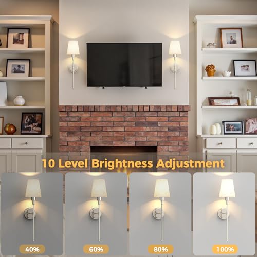 Image of DORESshop Battery Operated Wall Sconce Set of 2, 7 Color Wireless Wall Light Easy to Install, Sconce Wall Decor Set of 2 for Bedroom, Living Room, Fabric Linen Shade, Nickel, 24.6in
